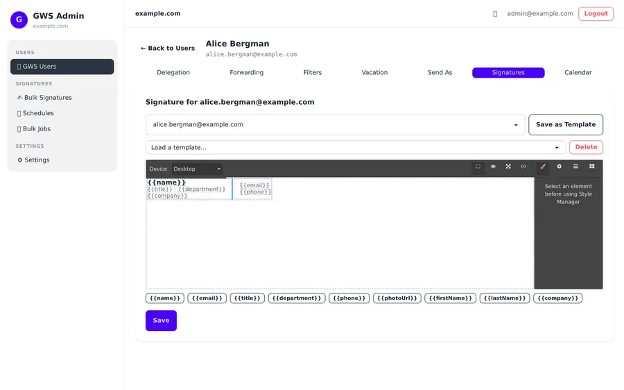Captura de GWS Manager: Editando la firma de una persona. El mismo editor sirve para un usuario o para toda una audiencia.