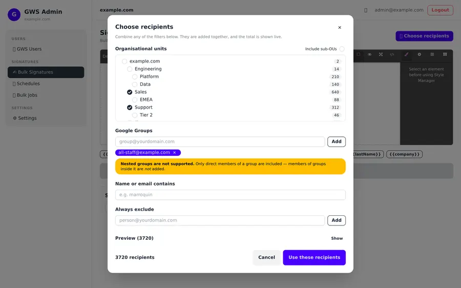 Captura de GWS Manager: Construyendo una audiencia desde unidades organizativas, grupos y filtros, con el conteo en vivo.