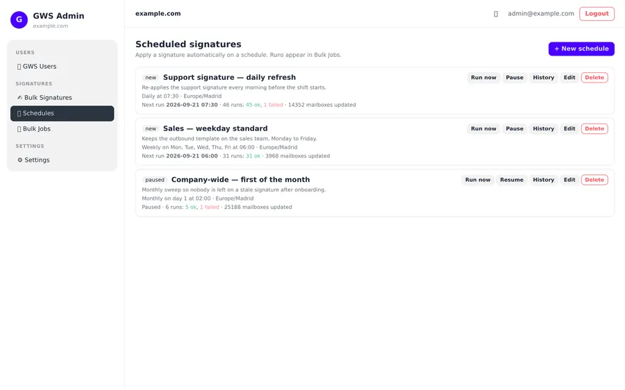 Captura de GWS Manager: Aplicaciones programadas, con el contador de ejecuciones y de buzones actualizados.