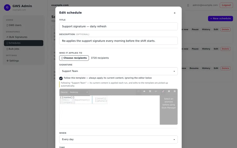 Captura de GWS Manager: Una programación: frecuencia, hora, audiencia y plantilla.