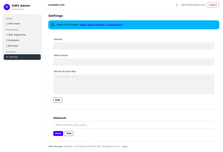 Captura de GWS Manager: Dominio, clave de la cuenta de servicio, webhook — y la versión que estás ejecutando.