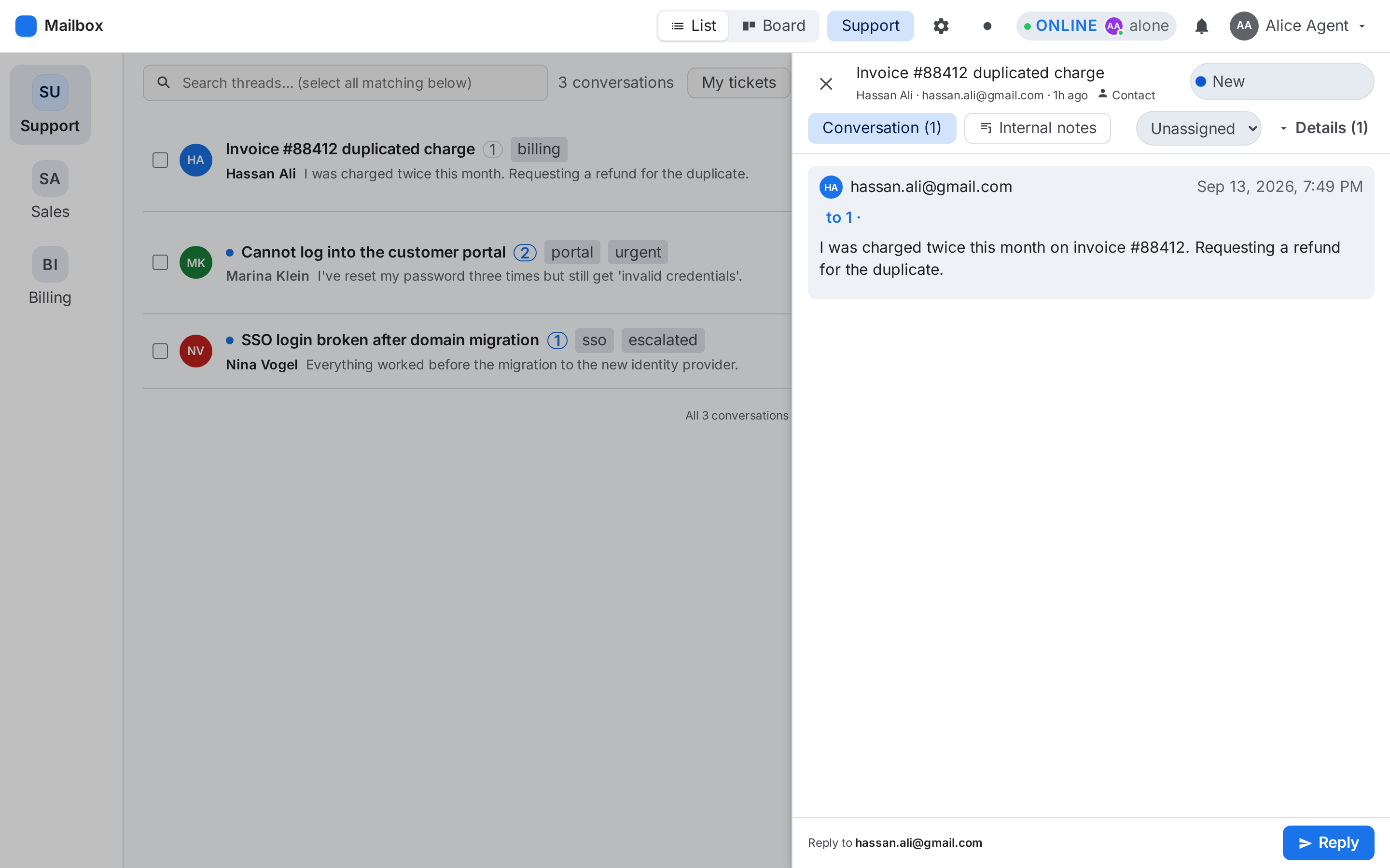 Thread view with conversation history, contact details and the reply composer